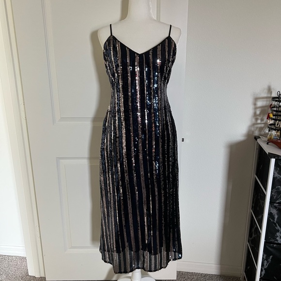 NWT Maeve Anthropologie Black Blue Silver Sequin Dress Small Petite - Picture 4 of 13